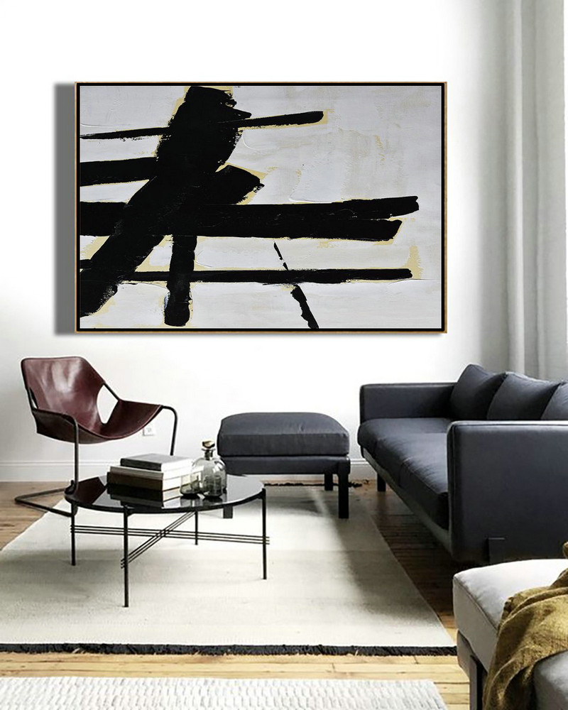 Large Wall Art Canvas,Horizontal Palette Knife Minimal Canvas Art Painting Black White Beige - Original Art Acrylic Painting